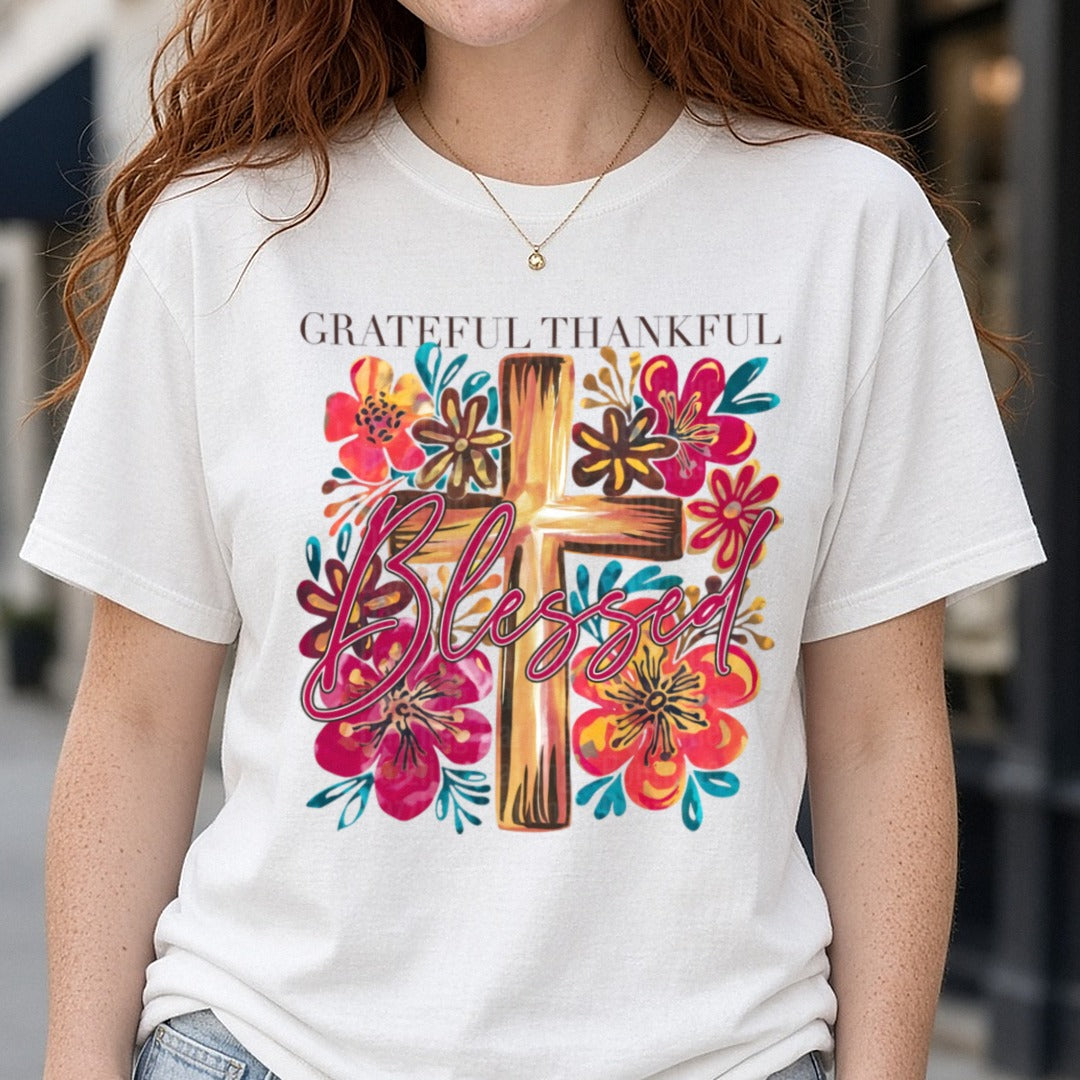 Grateful Thankful Blessed DTF transfer shown on a Comfort Colors tee