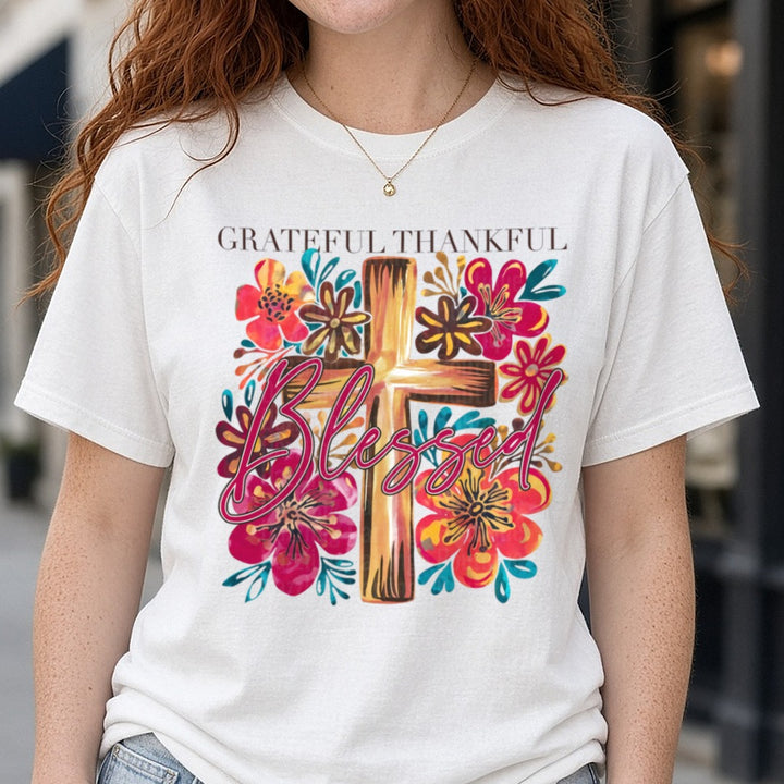 Grateful Thankful Blessed DTF transfer shown on a Comfort Colors tee