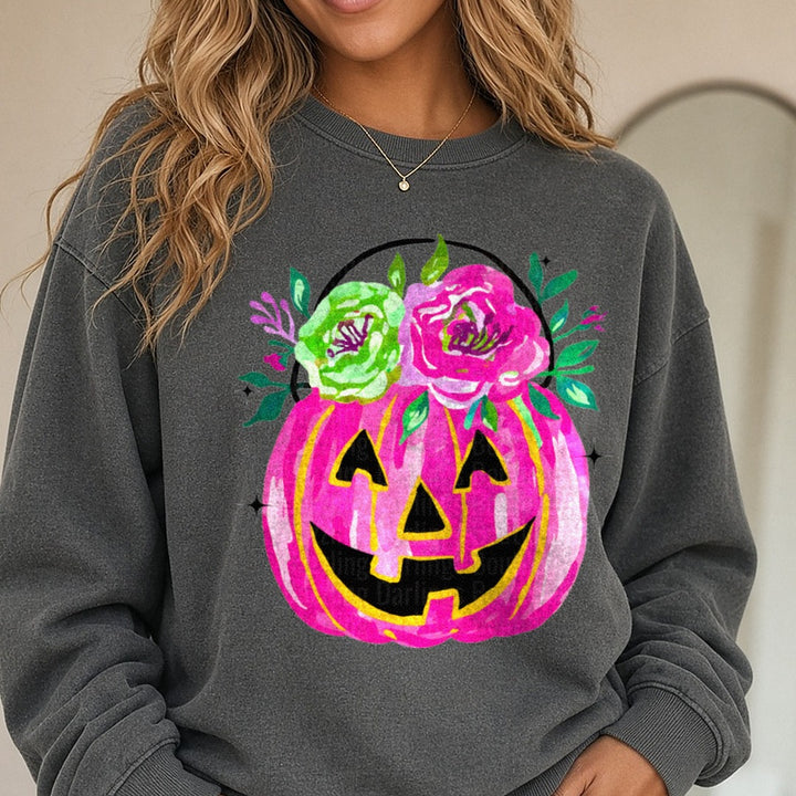 Pink Floral Candy Bucket DTF transfer shown on a Comfort Colors sweatshirt