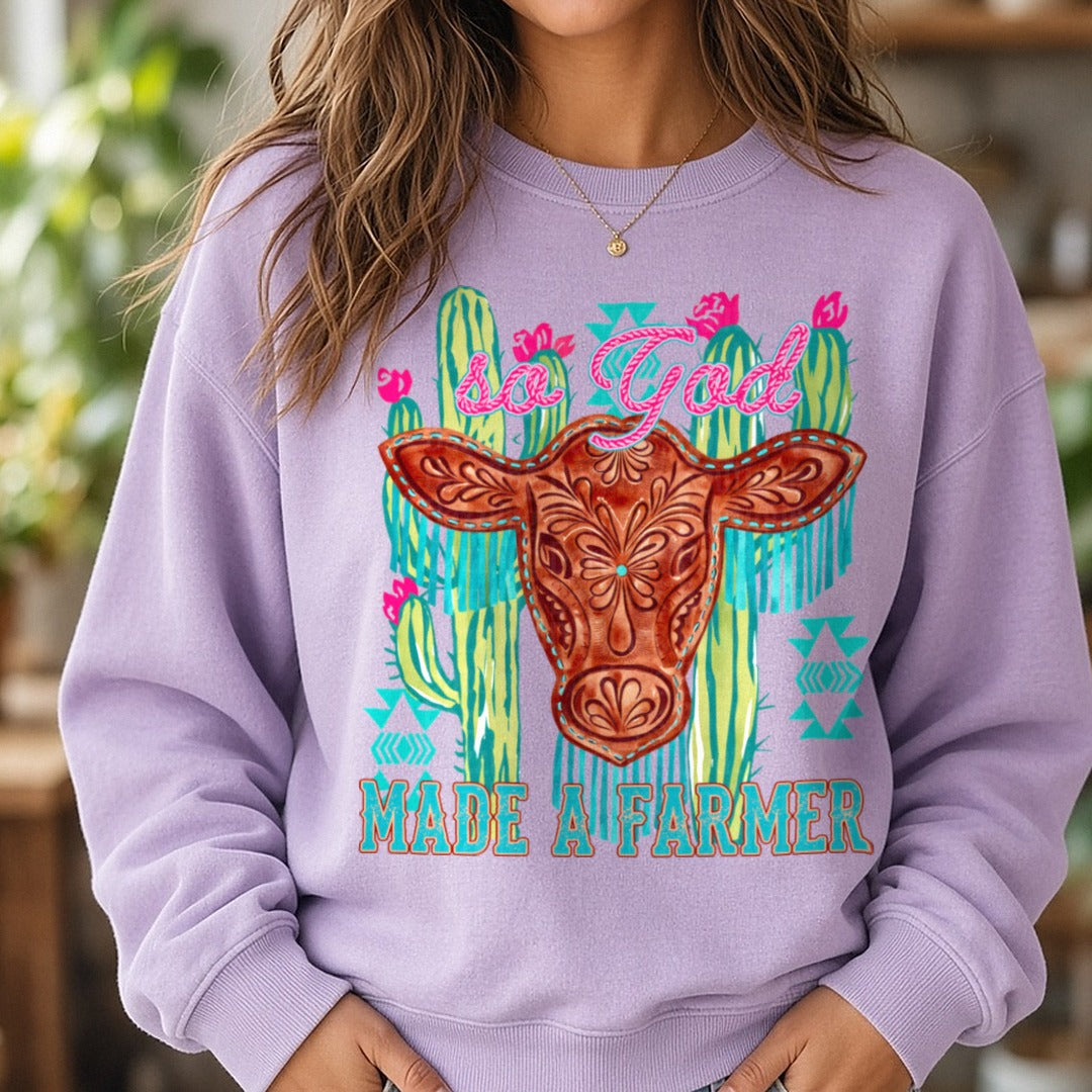 So God Made A Farmer DTF transfer shown on a Comfort Colors sweatshirt