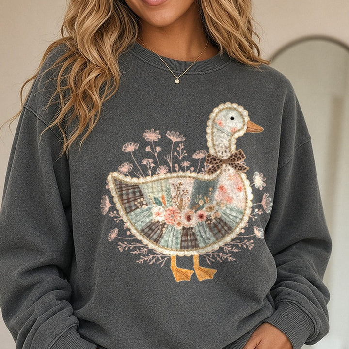 Patchwork Goose DTF transfer shown on a Comfort Colors sweatshirt