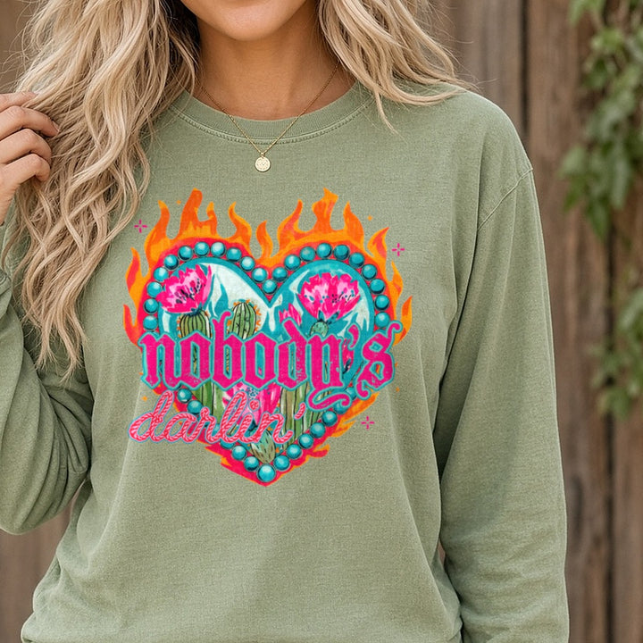 Nobodys Darlin DTF transfer shown on a Comfort Colors long sleeve tee