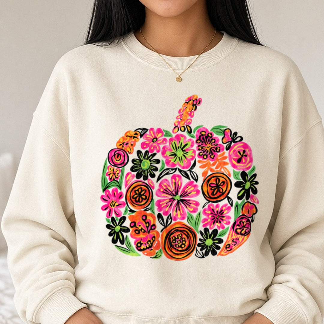 Floral Halloween Pumpkin DTF transfer shown on a Comfort Colors sweatshirt