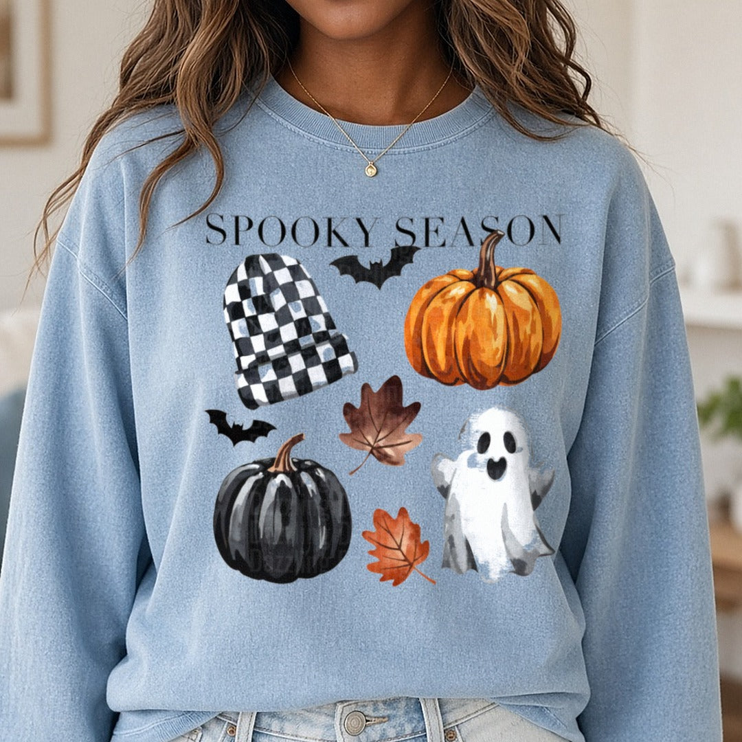 Spooky Season DTF transfer shown on a Comfort Colors sweatshirt