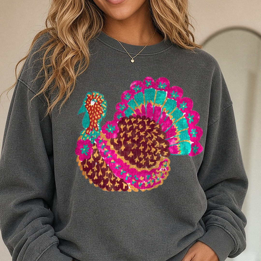 Floral Turkey(1) DTF transfer shown on a Comfort Colors sweatshirt