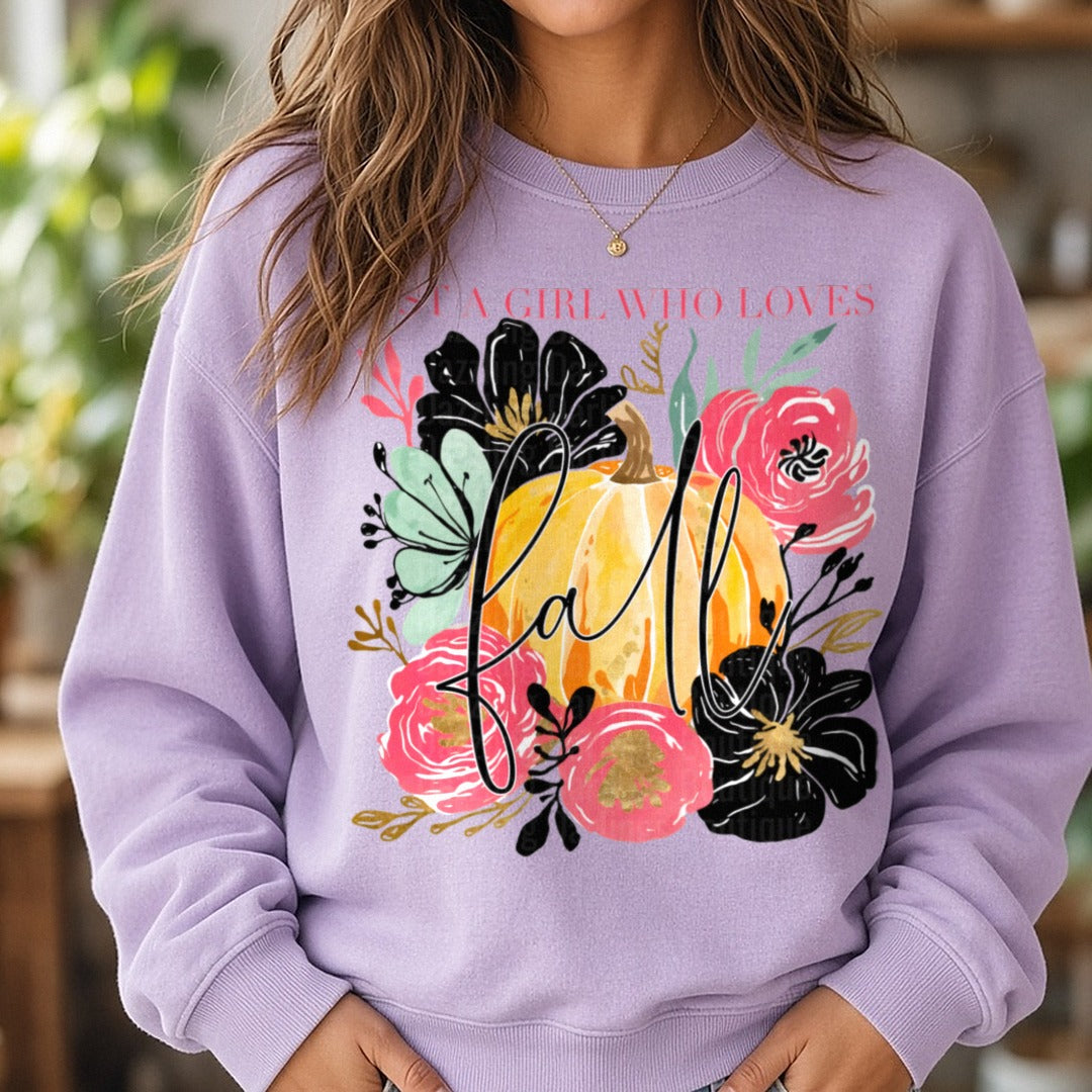 Just A Girl Who Loves Fall DTF transfer shown on a Comfort Colors sweatshirt