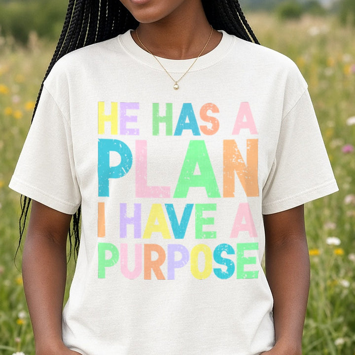 He Has a Plan I Have a Purpose DTF transfer shown on a Comfort Colors tee