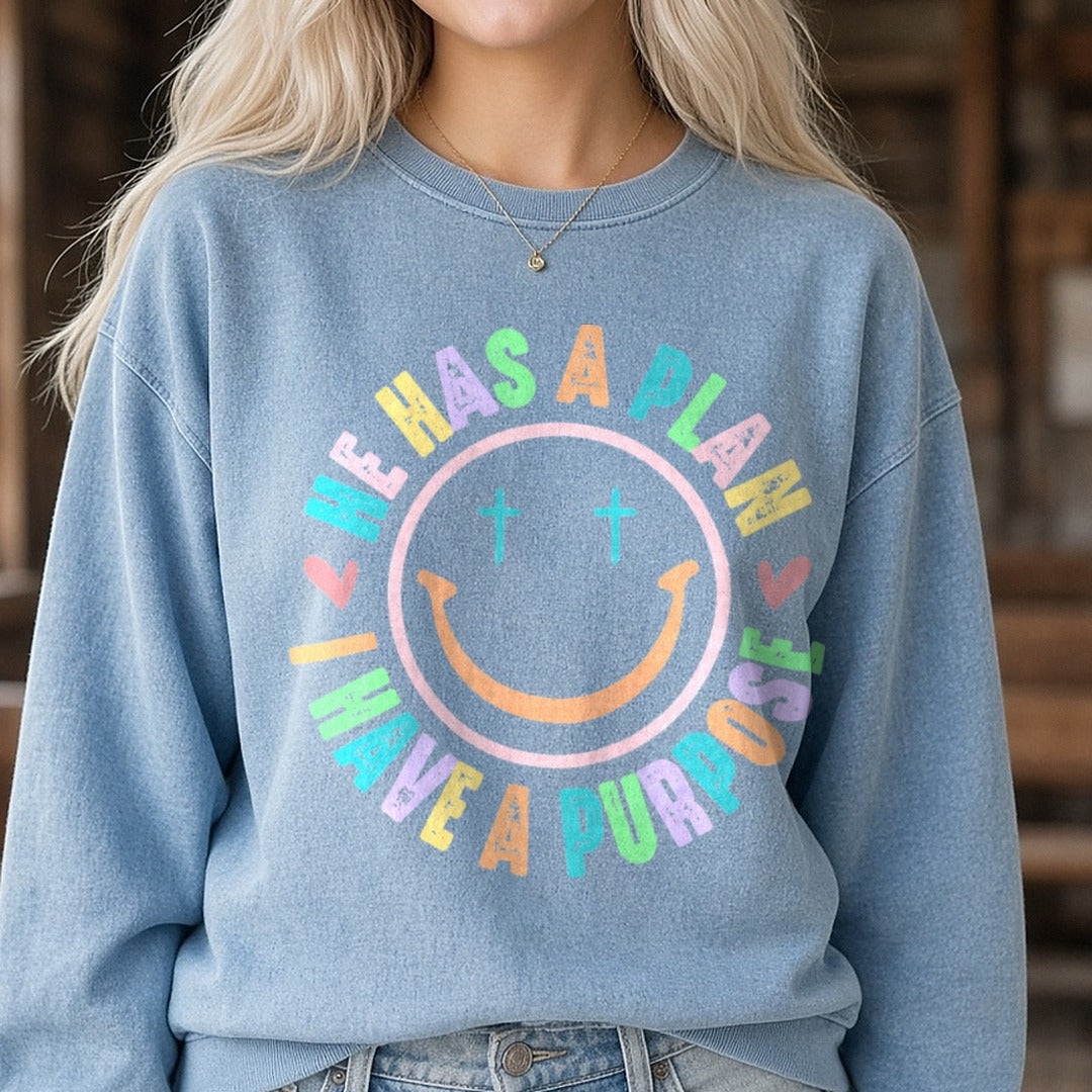 He Has a Plan I Have a Purpose Smiley DTF transfer shown on a Comfort Colors sweatshirt