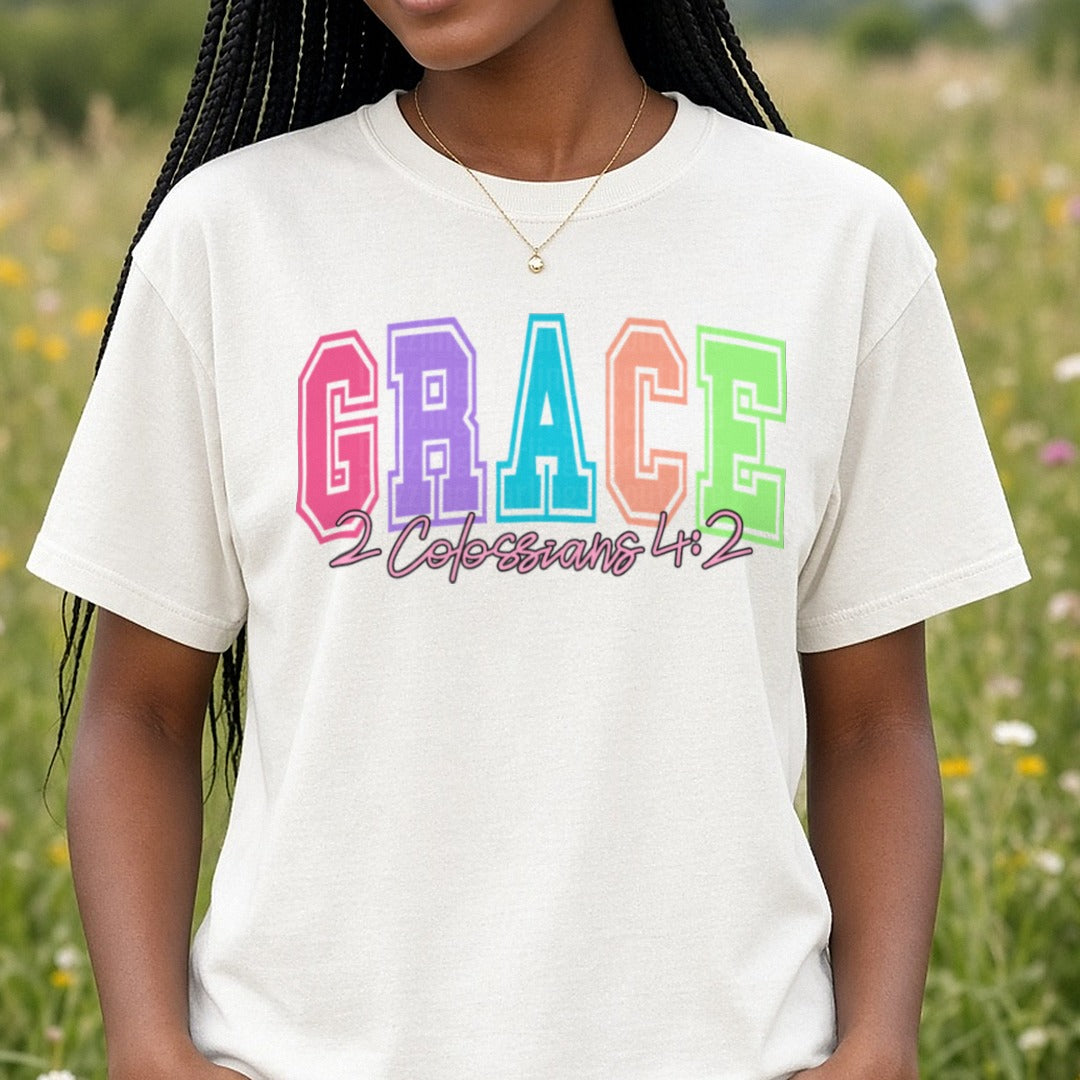 Grace DTF transfer shown on a Comfort Colors tee
