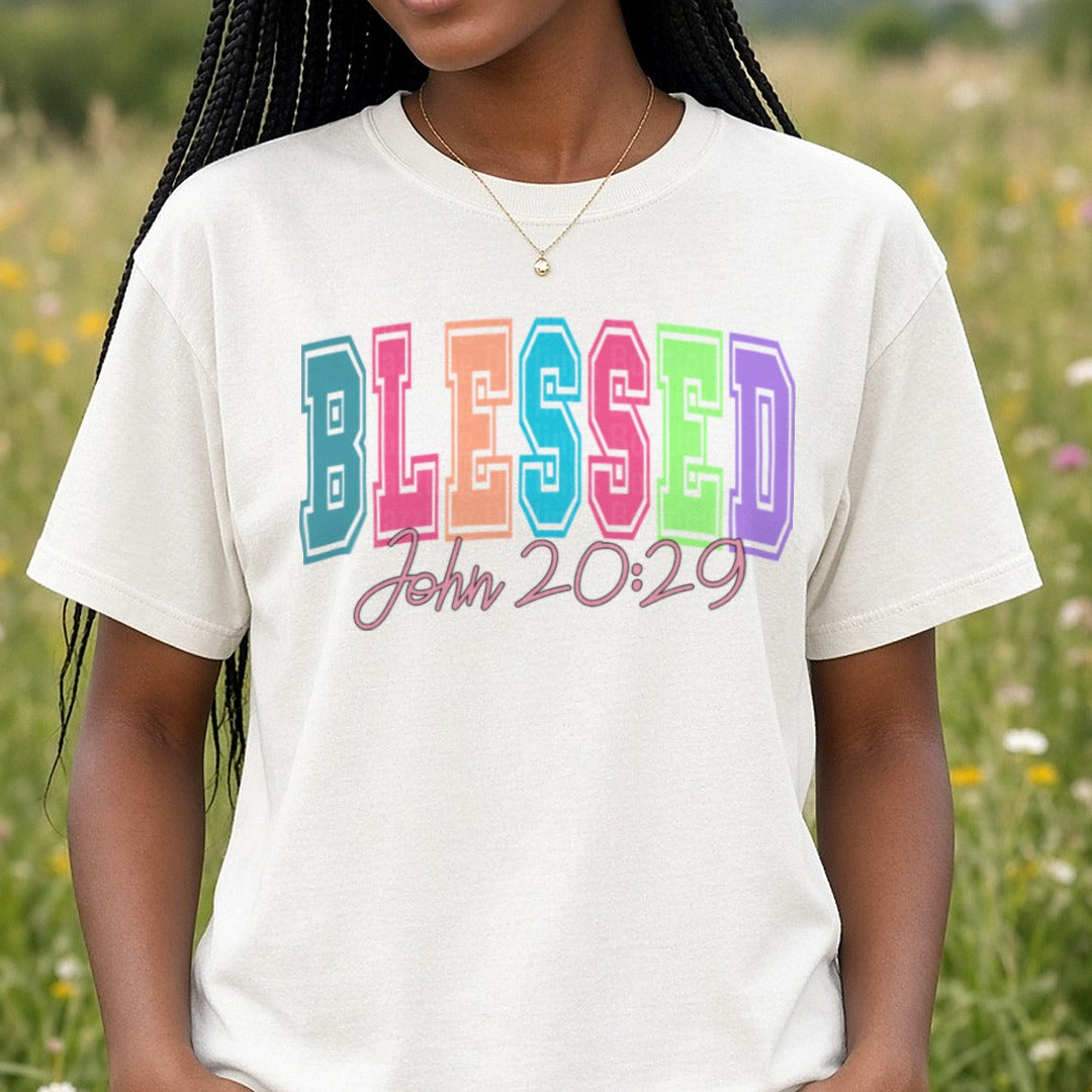 Blessed John 20:29 DTF transfer shown on a Comfort Colors tee