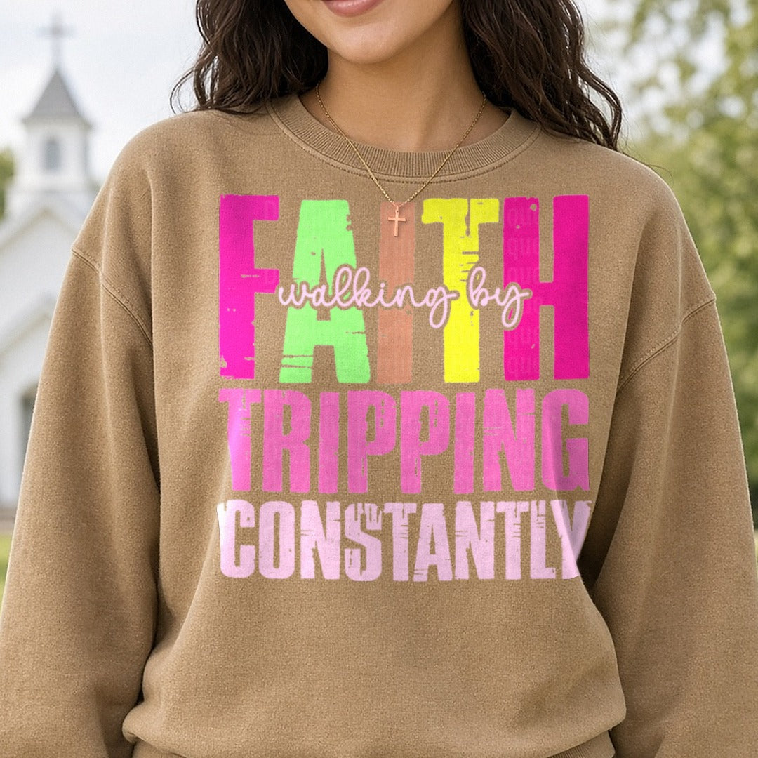 Faith Tripping Constantly Pink Neon DTF transfer shown on a Comfort Colors sweatshirt