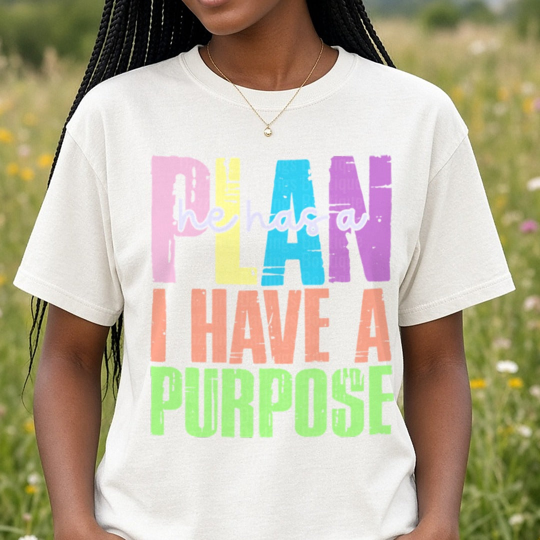 He Has A Plan I Have A Purpose Script Accent Pastel DTF transfer shown on a Comfort Colors tee