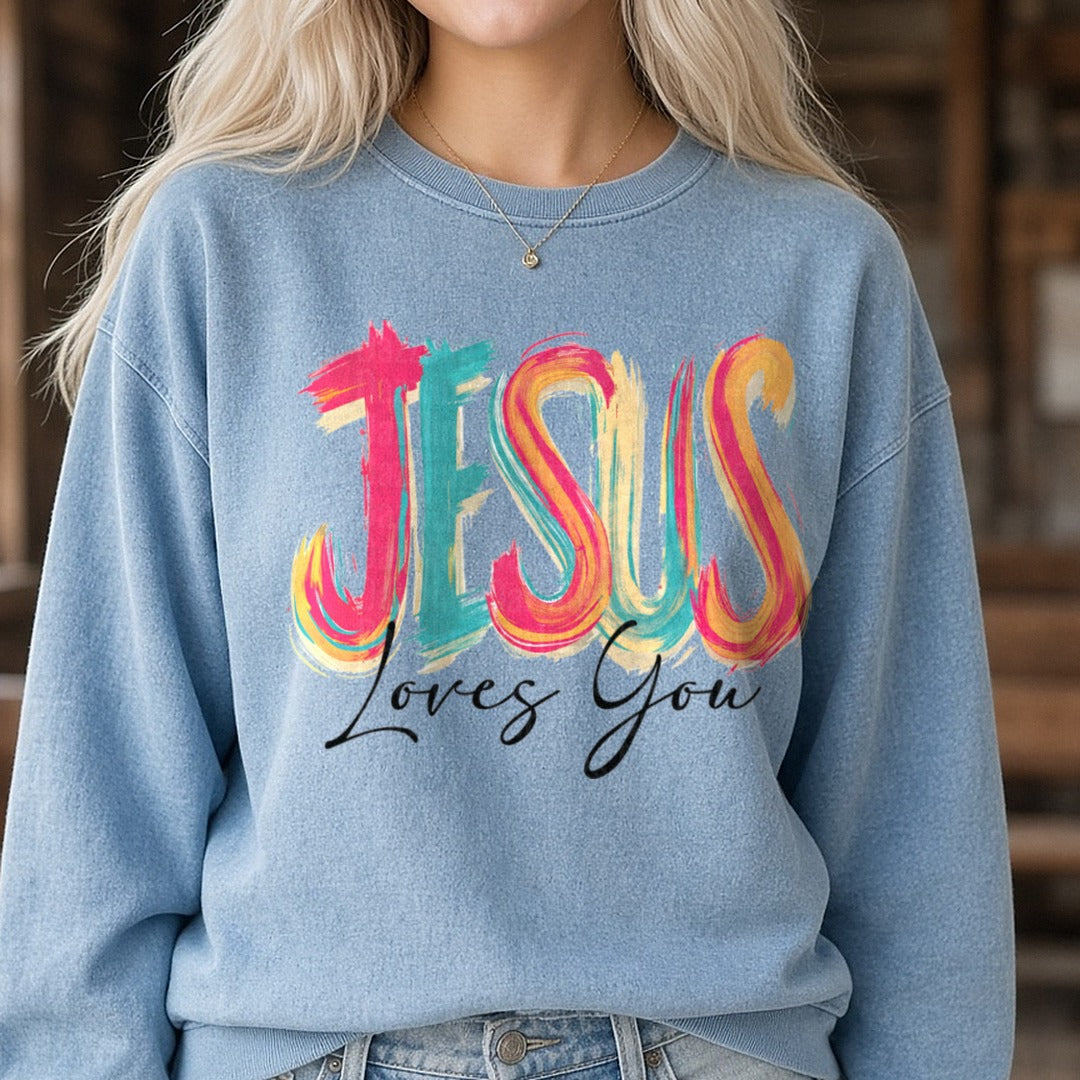 Christian PNG, Jesus Loves You PNG, Neon-01 DTF transfer shown on a Comfort Colors sweatshirt