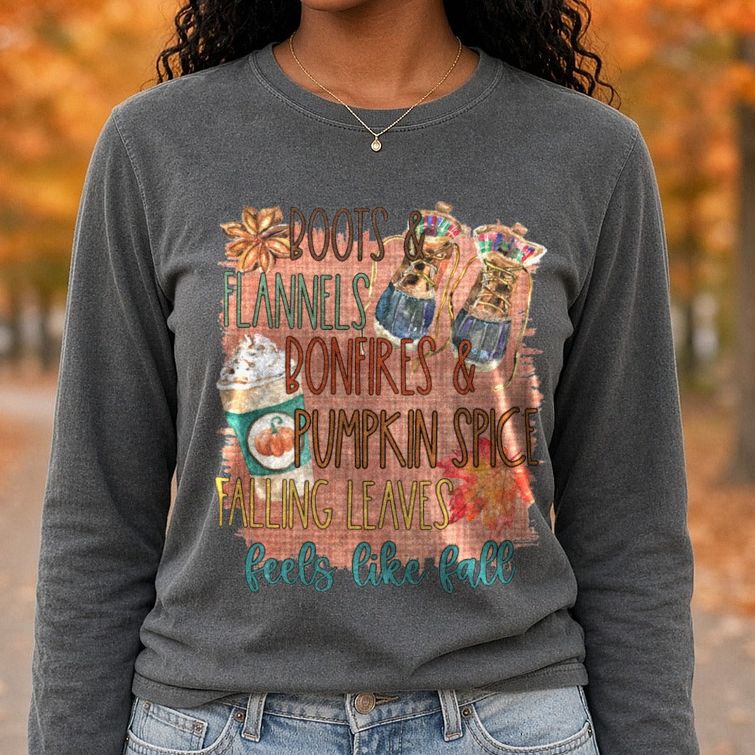 leaves ans stuff DTF transfer shown on a Comfort Colors long sleeve tee