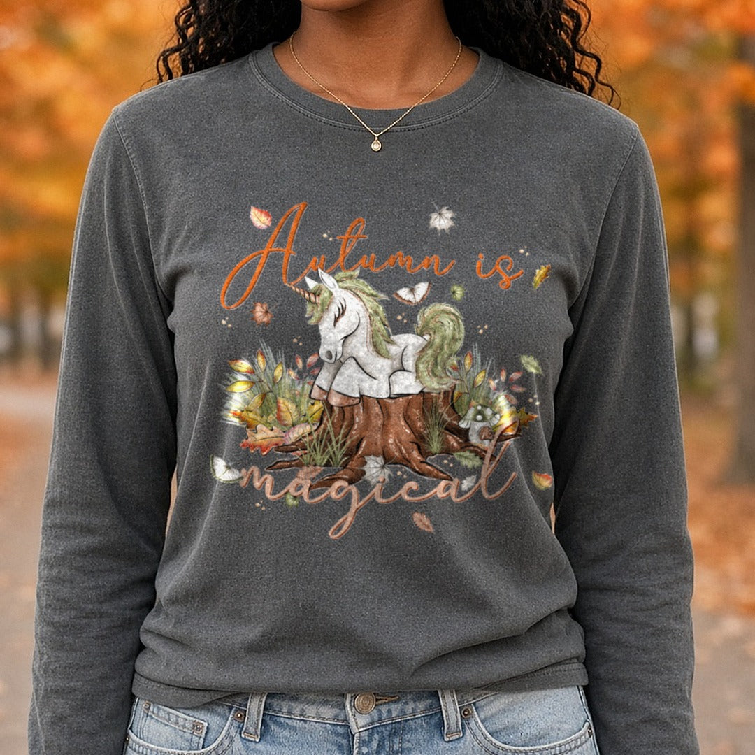autumn is magical DTF transfer shown on a Comfort Colors long sleeve tee