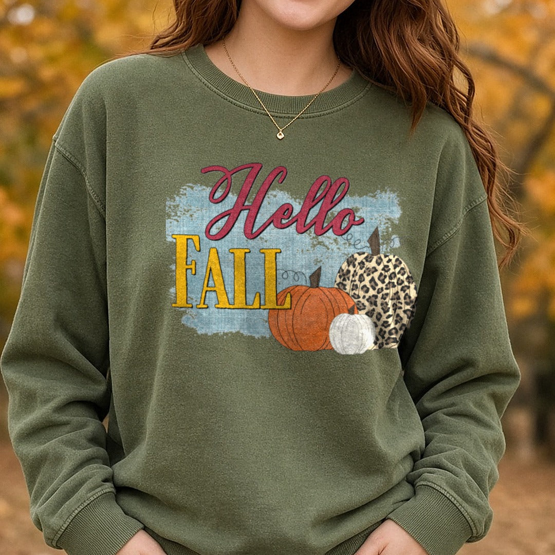 hello fall DTF transfer shown on a Comfort Colors sweatshirt