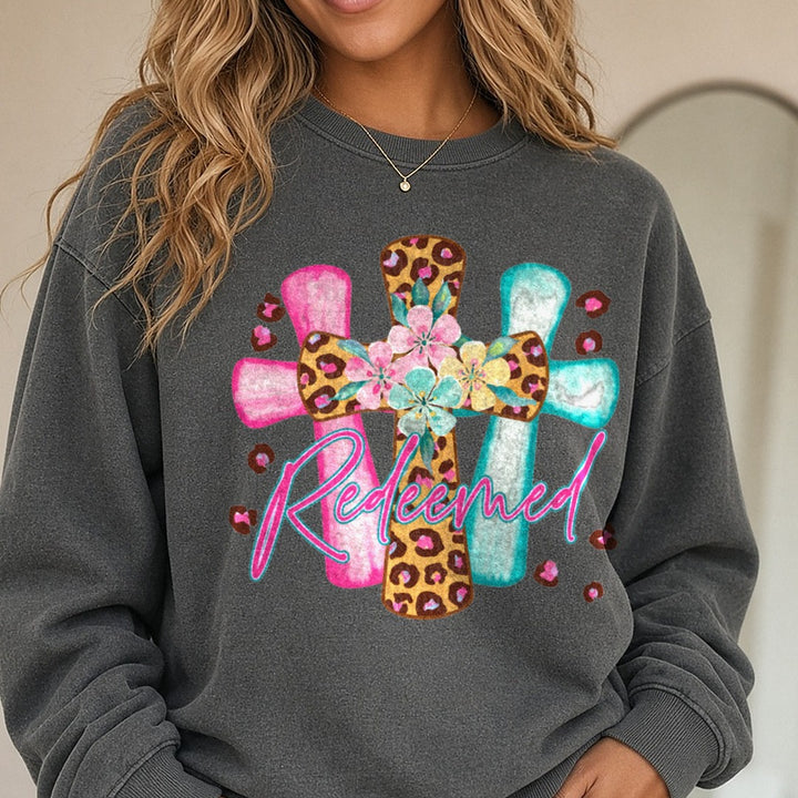 Redeemed DTF transfer shown on a Comfort Colors sweatshirt