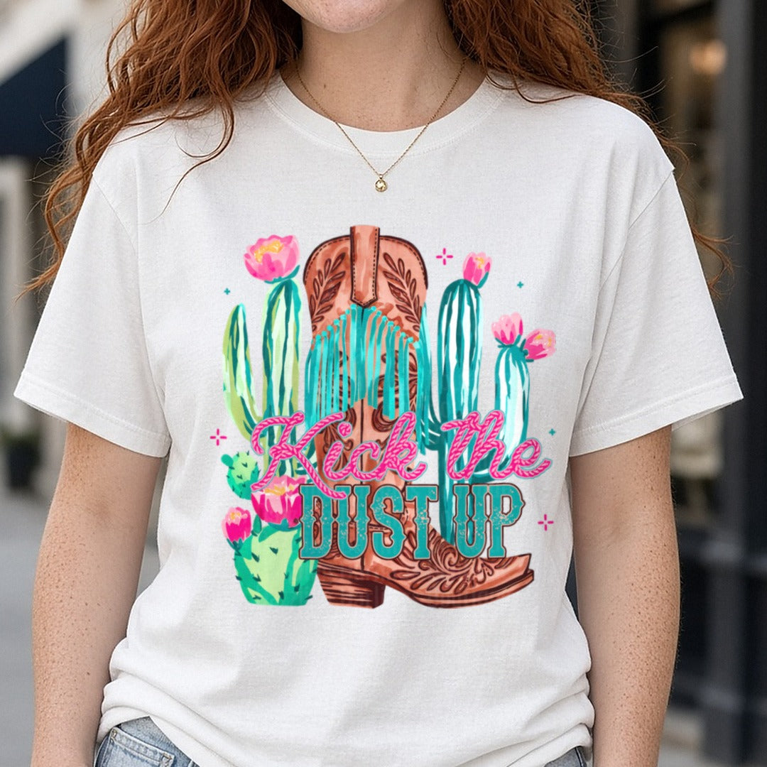 Kick The Dust Up DTF transfer shown on a Comfort Colors tee