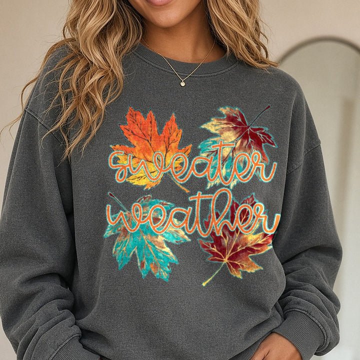 Sweater Weather DTF transfer shown on a Comfort Colors sweatshirt