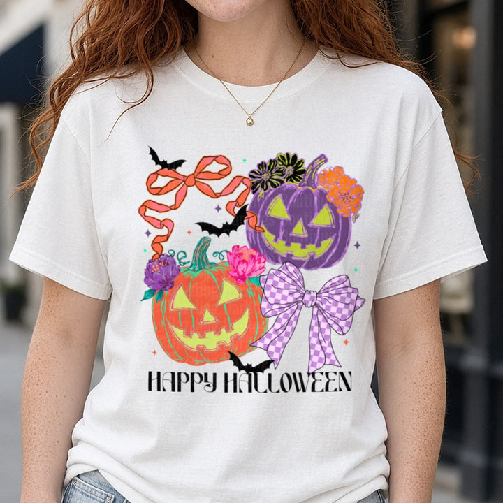 Happy Halloween DTF transfer shown on a Comfort Colors tee