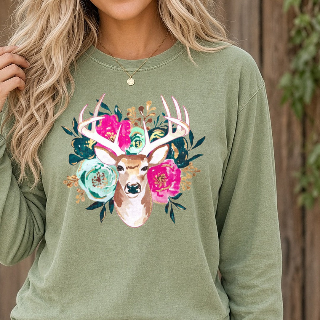 Floral Deer(1) DTF transfer shown on a Comfort Colors long sleeve tee