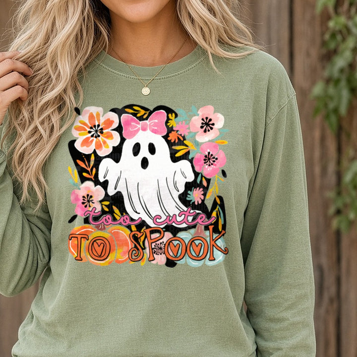 Too Cute To Spook DTF transfer shown on a Comfort Colors long sleeve tee