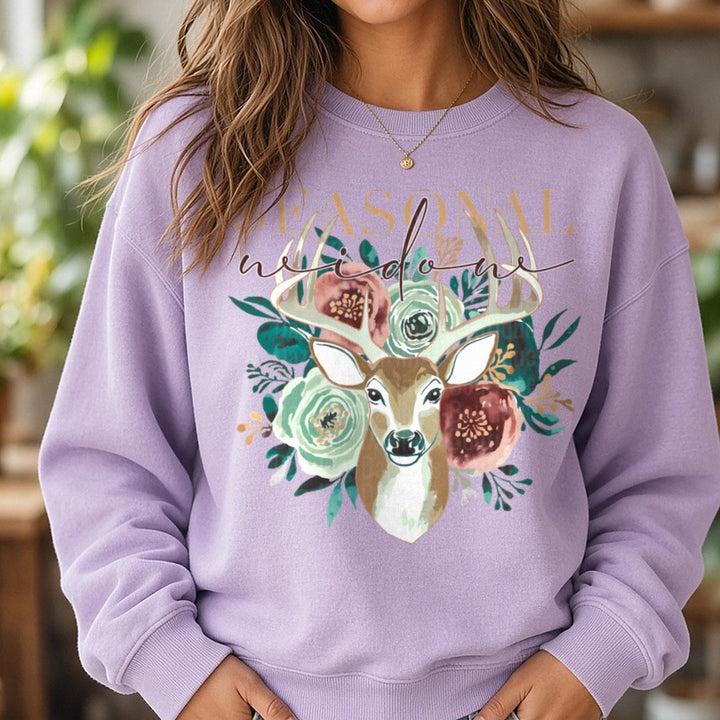 Seasonal Widow DTF transfer shown on a Comfort Colors sweatshirt