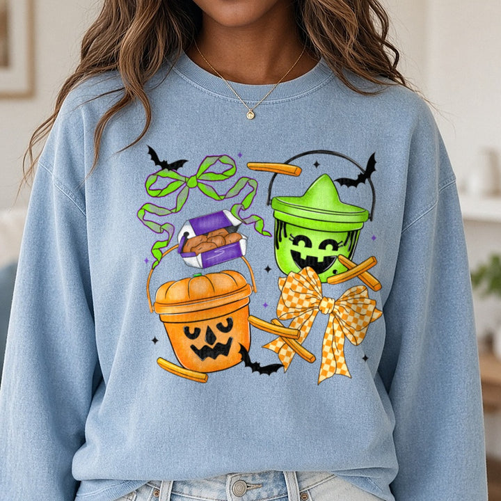Preppy Halloween Buckets DTF transfer shown on a Comfort Colors sweatshirt