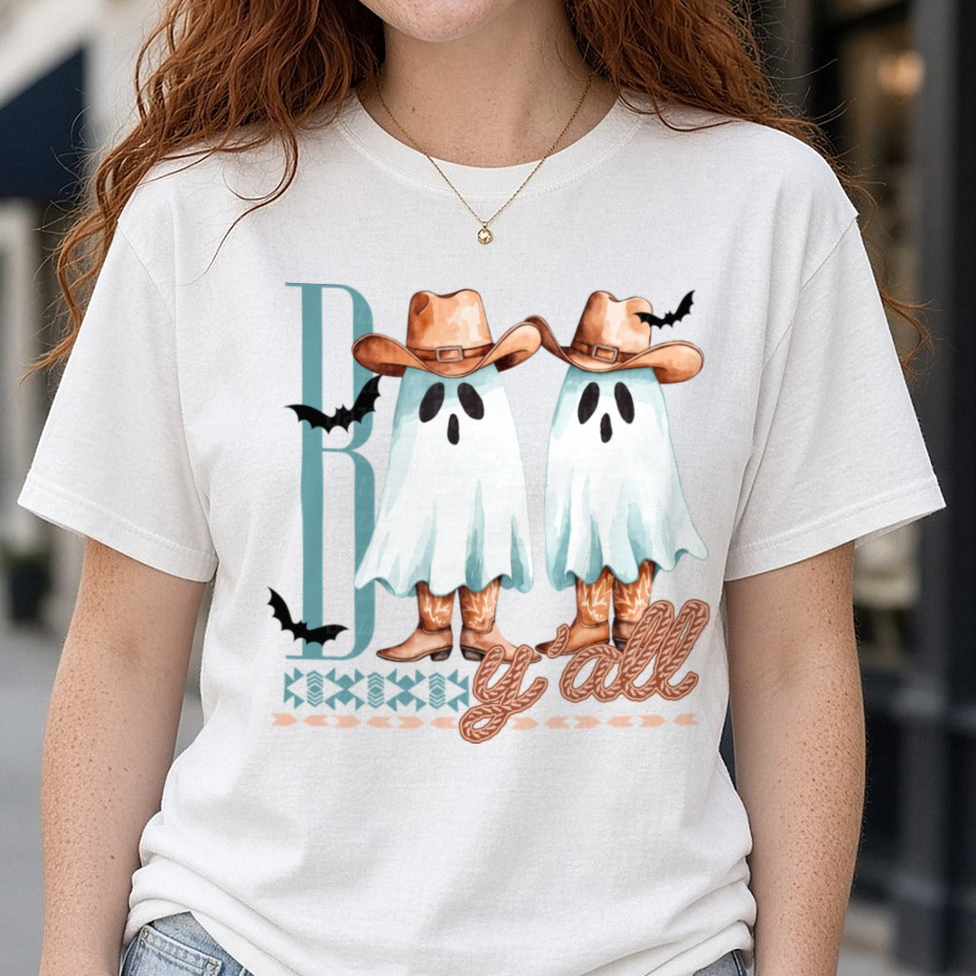 Boo Yall DTF transfer shown on a Comfort Colors tee
