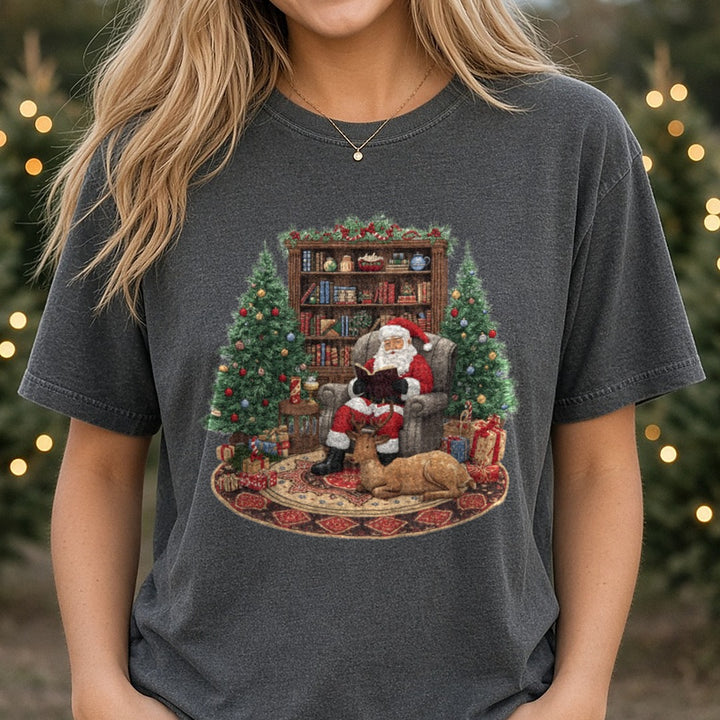 Santa Reading DTF transfer shown on a Comfort Colors tee