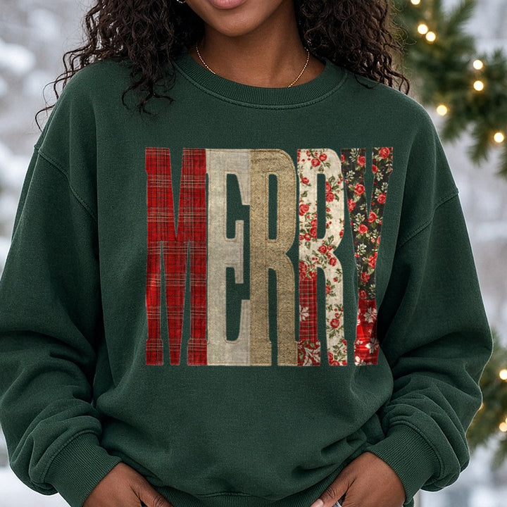 Merry Oversized Patch DTF transfer shown on a Comfort Colors sweatshirt