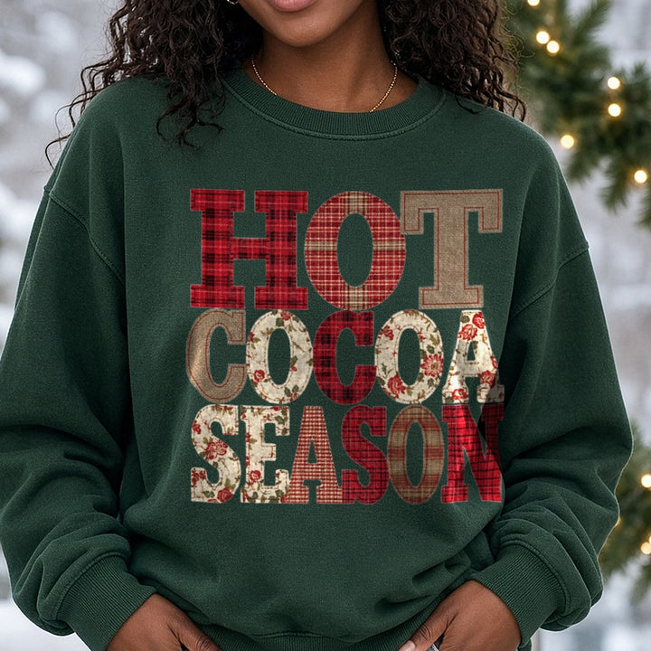 Hot Cocoa Season DTF transfer shown on a Comfort Colors sweatshirt