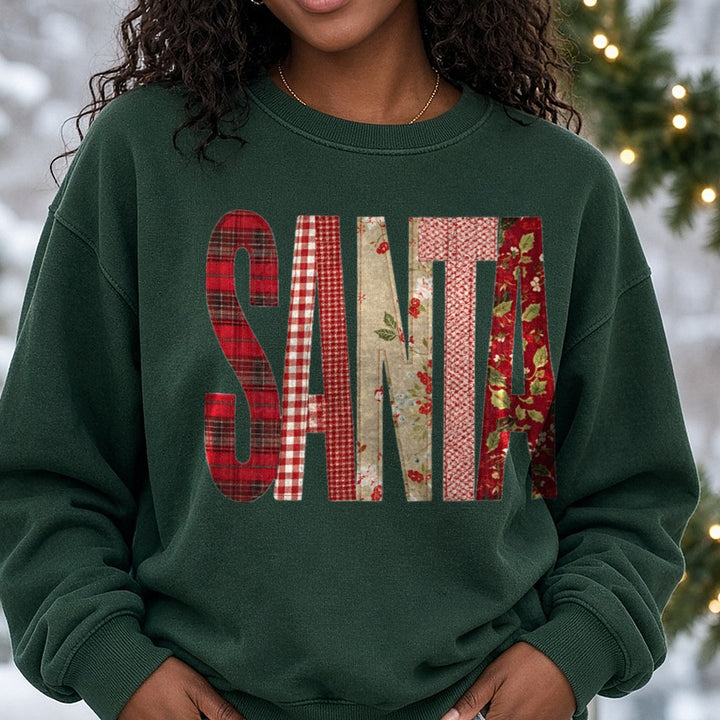 Santa Christmas Patch DTF transfer shown on a Comfort Colors sweatshirt
