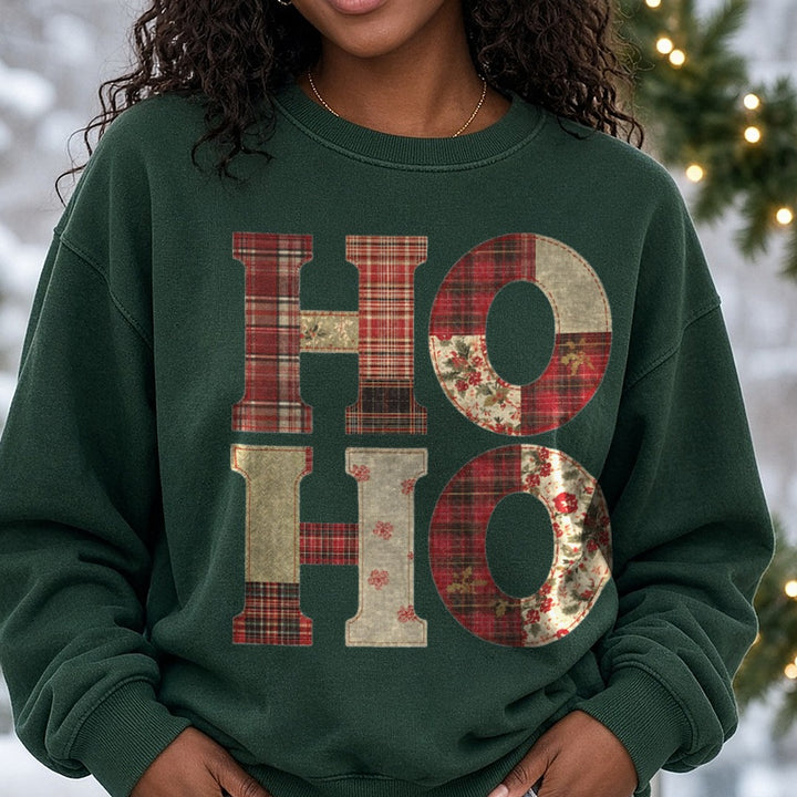 Ho Ho Christmas Patch DTF transfer shown on a Comfort Colors sweatshirt
