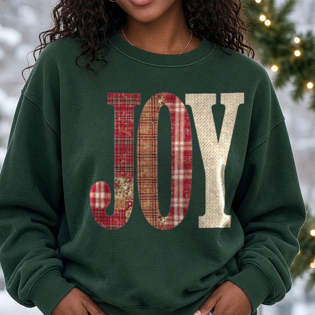 Joy Christmas Patch DTF transfer shown on a Comfort Colors sweatshirt