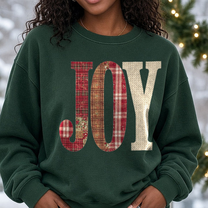 Joy Christmas Patch DTF transfer shown on a Comfort Colors sweatshirt