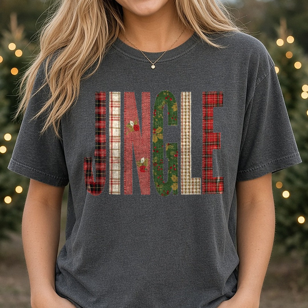 Jingle Christmas Patch DTF transfer shown on a Comfort Colors tee