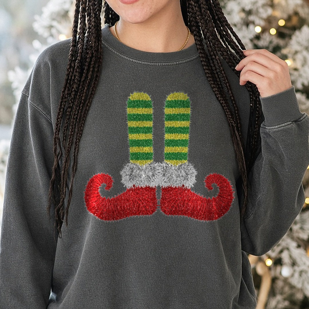 Elf Feet Yarn DTF transfer shown on a Comfort Colors sweatshirt