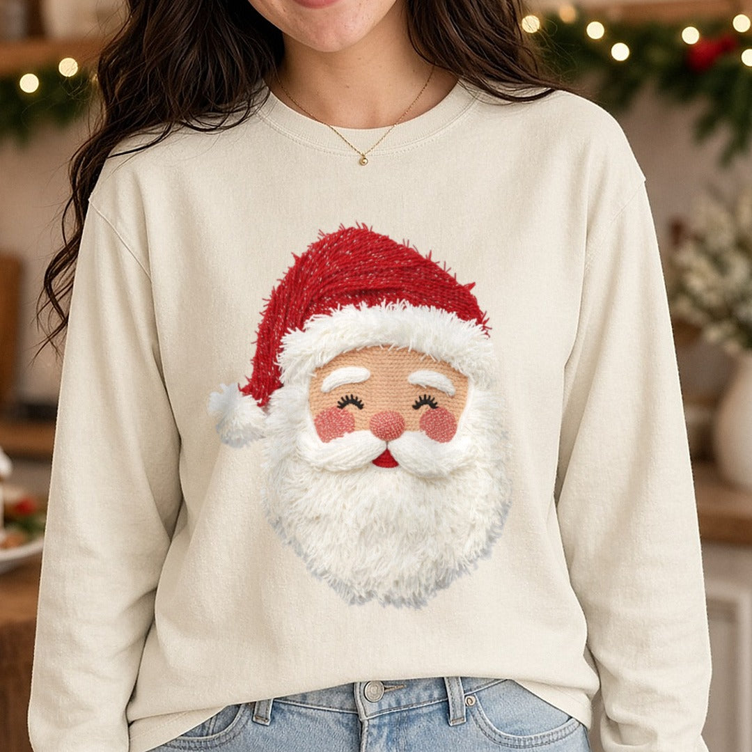 Santa Realistic Yarn DTF transfer shown on a Comfort Colors long sleeve tee
