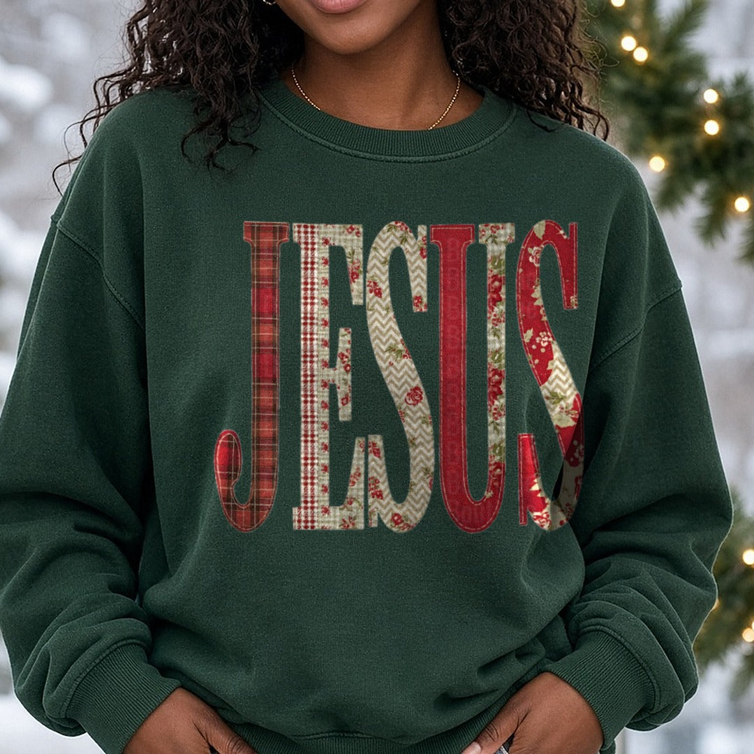 Jesus Patch Christmas DTF transfer shown on a Comfort Colors sweatshirt