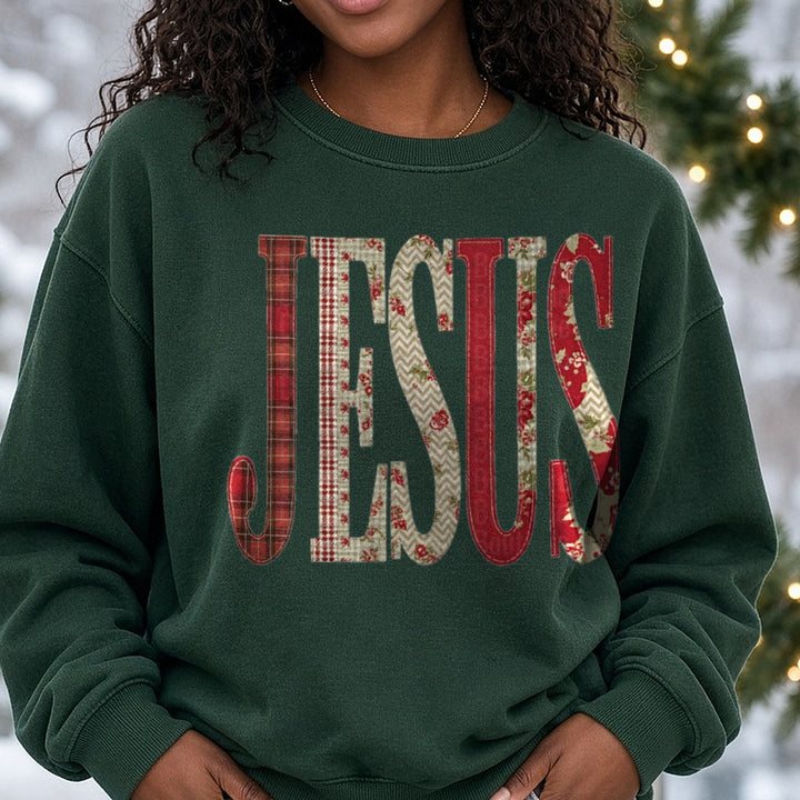 Jesus Patch Christmas DTF transfer shown on a Comfort Colors sweatshirt