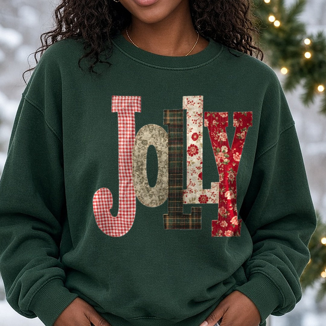 Jolly Patch Christmas DTF transfer shown on a Comfort Colors sweatshirt