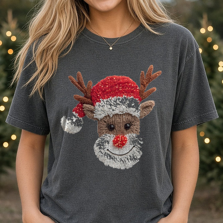 Reindeer Yarn DTF transfer shown on a Comfort Colors tee
