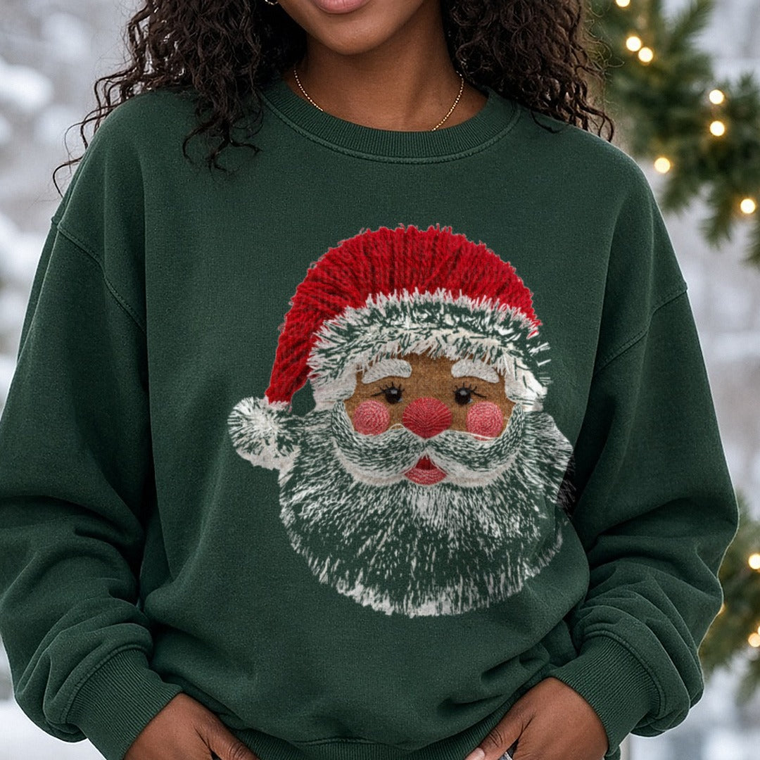 Santa Yarn DTF transfer shown on a Comfort Colors sweatshirt