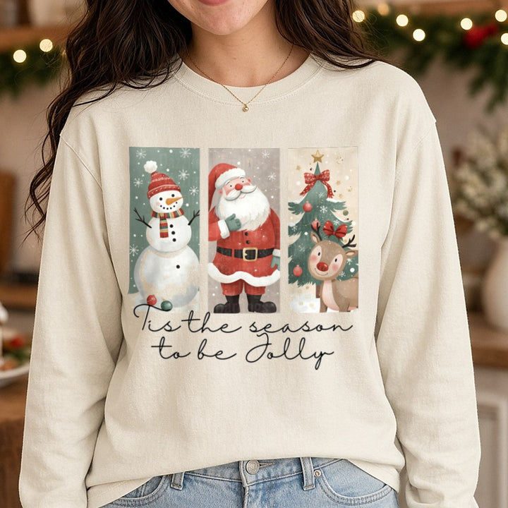 Tis the Season to Be Jolly DTF transfer shown on a Comfort Colors long sleeve tee