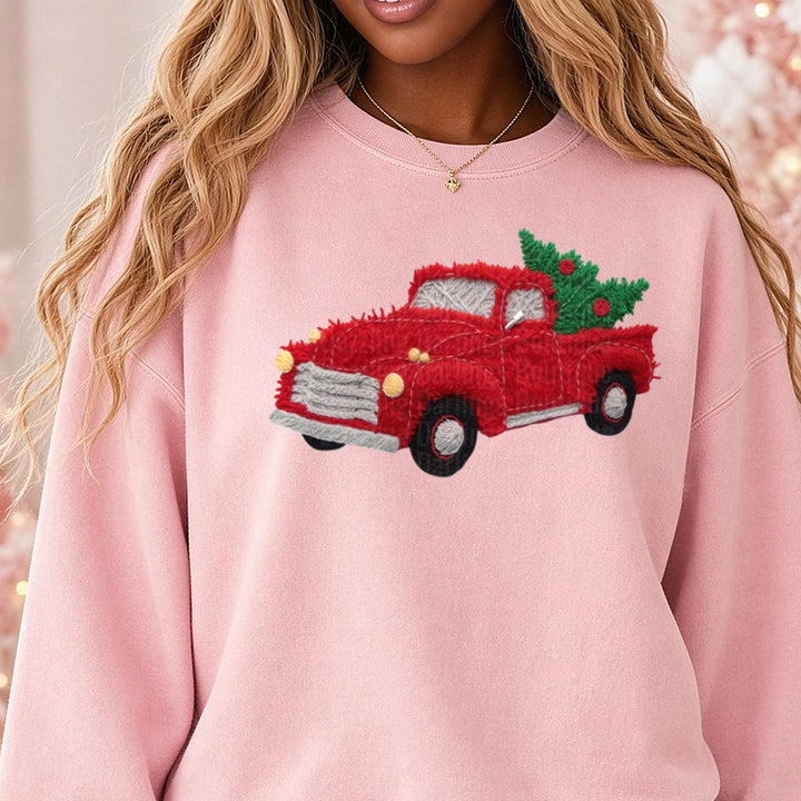 Christmas Truck Yarn DTF transfer shown on a Comfort Colors sweatshirt