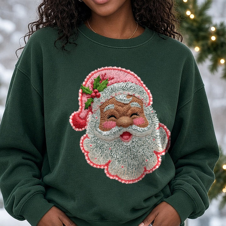 Santa Pink Faux Yarn DTF transfer shown on a Comfort Colors sweatshirt