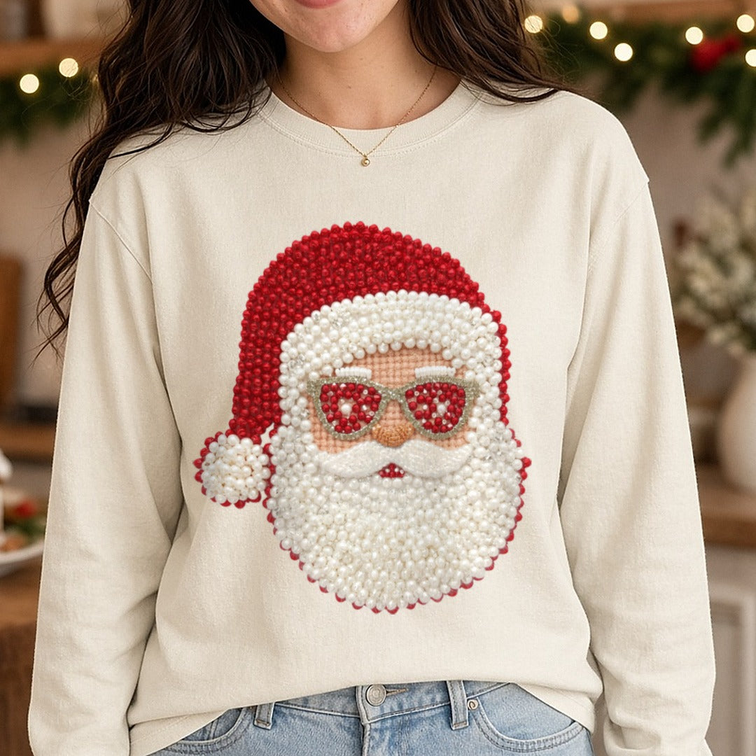 Santa Pearls DTF transfer shown on a Comfort Colors long sleeve tee