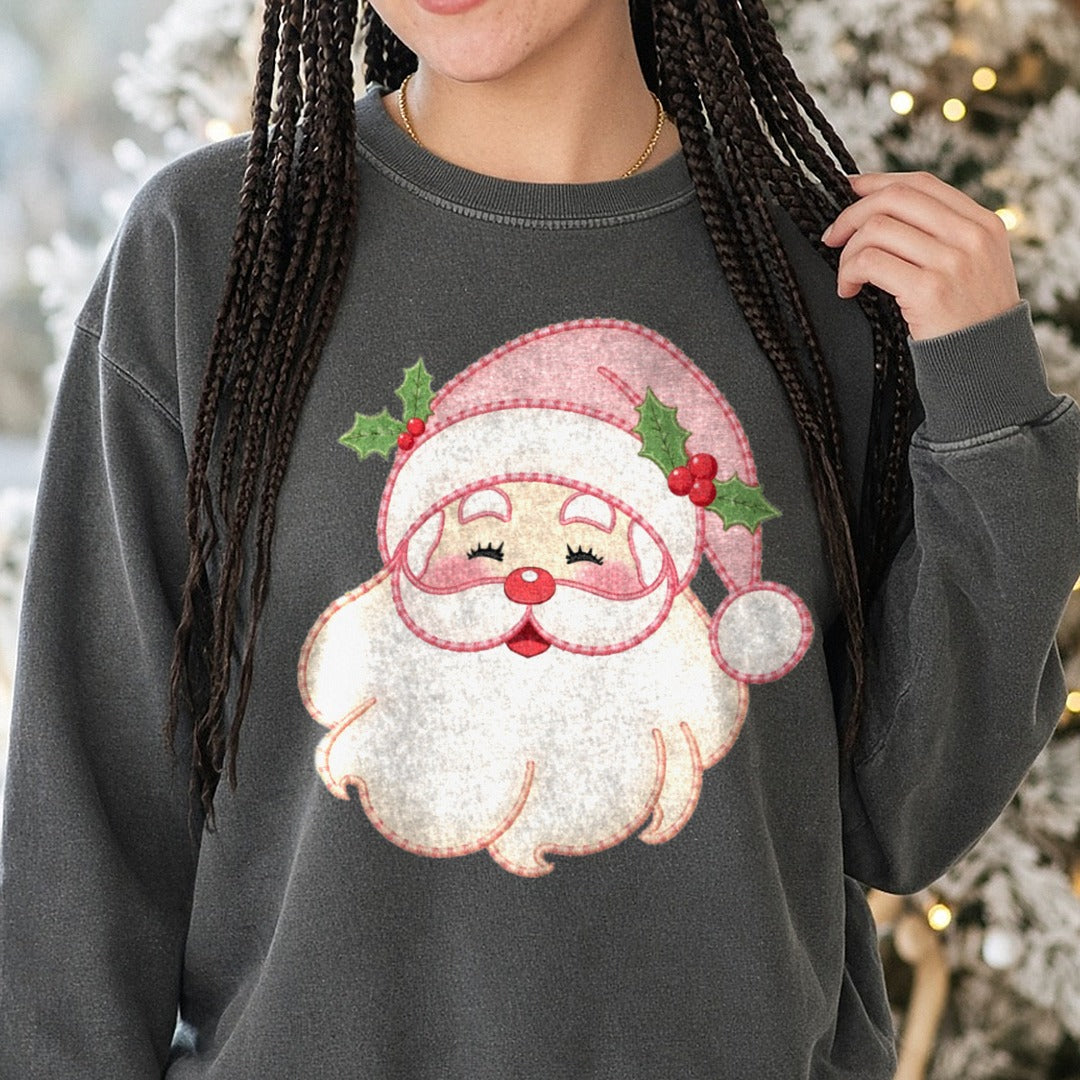 Faux Embroidery Pink Santa DTF transfer shown on a Comfort Colors sweatshirt