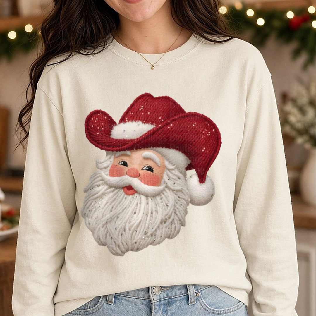 Santa Cowboy Hat DTF transfer shown on a Comfort Colors long sleeve tee